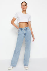 Blue Waist Detailed High Waist Wide Leg Jeans Twoss21je0385