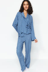 Powder Heart Pattern Drawstring Detailed Shirt-pants Woven Sleepwear Set Thmaw22pt0300