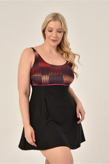 Women's Plus Size Black Mixed Pattern Jumper Interlock Adjustable Strap Stylish Dress Swimsuit 20231