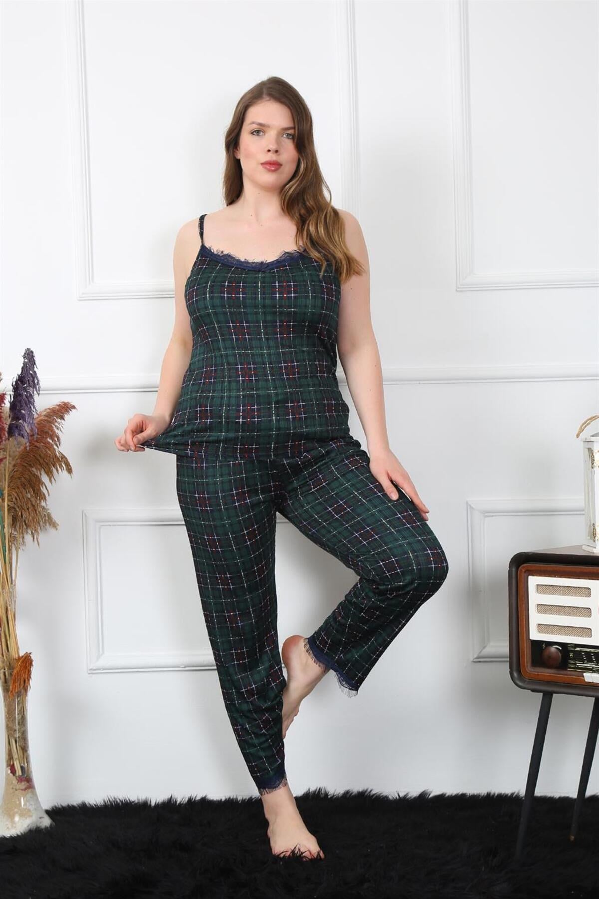 Women's Plus Size Red Plaid Rope Strap Sleepwear Set 202197