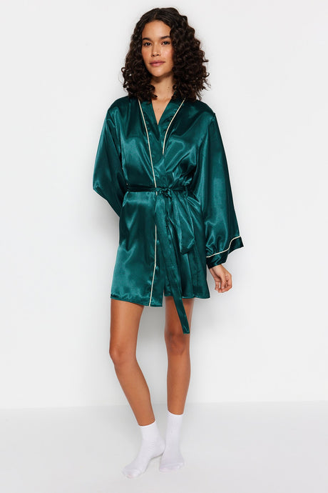 Powder Bib Detailed Wide Sleeve Satin Woven Robe Thmss23sb00017