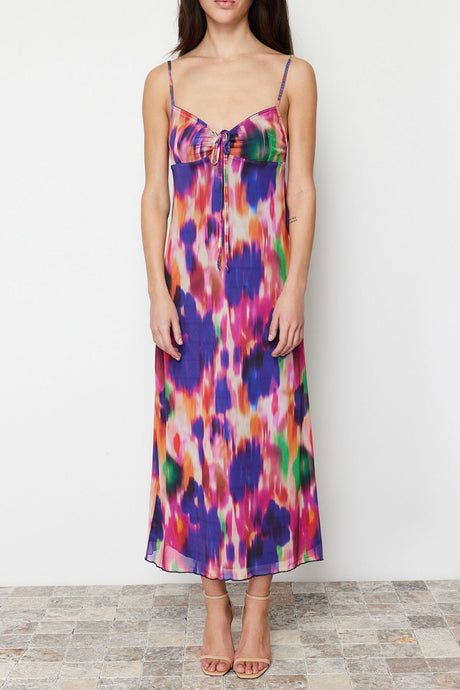 Blue Floral Printed Maxi Size Heart Neckline Twoss24el00272