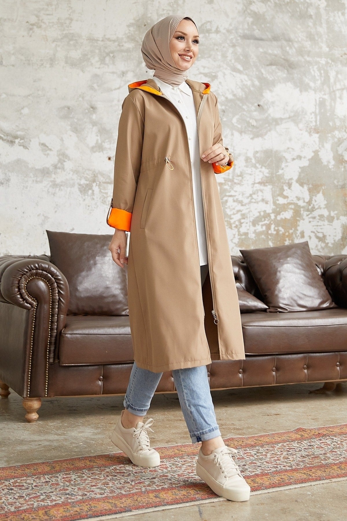 Neon Trench Hooded Sweatshirt At Waist - Taba\ Orange Ms00or12093