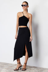 Khaki Asymmetric Cut And Slit Detail Maxi Skirt Twoss24et00043