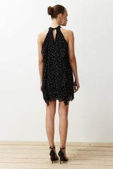 Black Polka Dot Ruffle Chiffon Lined Mini Woven Dress Twoss24el00540