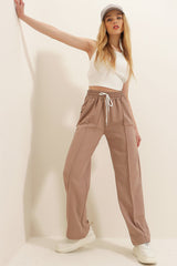 Women's Grey High Waist Front Grass Loose Leg Double Pocket Sweatpants Alc-x7957