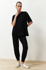 Black Crew Neck Short Sleeve Basic Jogger Knitted Bottom Top Suit Twoss24au00120