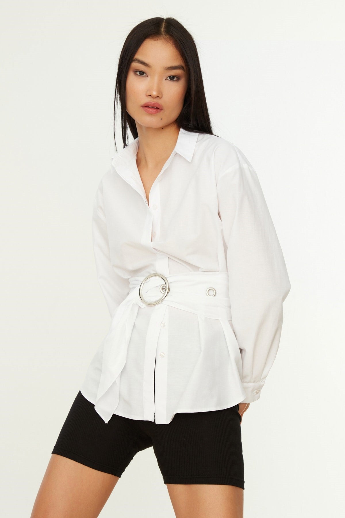 White Belted Buckle Detailed Woven Cotton Shirt Twoaw20go0099