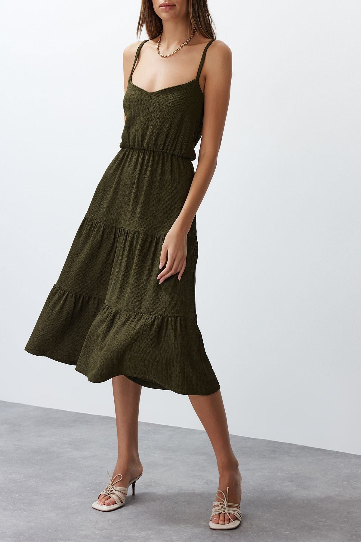 Khaki Strappy Woven Dress Tedss24el00018