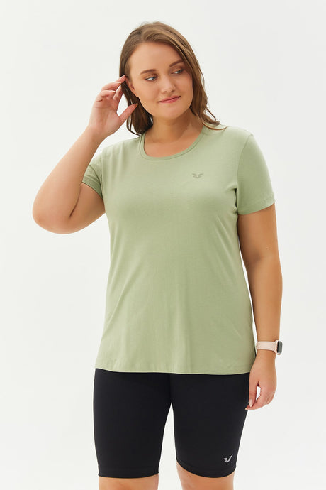 Women's Cream Plus Size 100% Cotton Crew Neck Back Long Basic Short Sleeve Sports Casual T-shirt 010