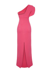 Fuchsia Asymmetric Collar Long Evening Dress Tprss24ae00119