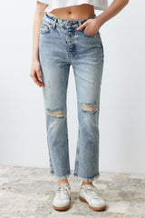 Blue Ripped Detailed High Waist Straight Jeans Twoss24je00178