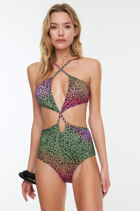 Animal Print Cut Out Detailed Swimsuit Tbess22ma0212