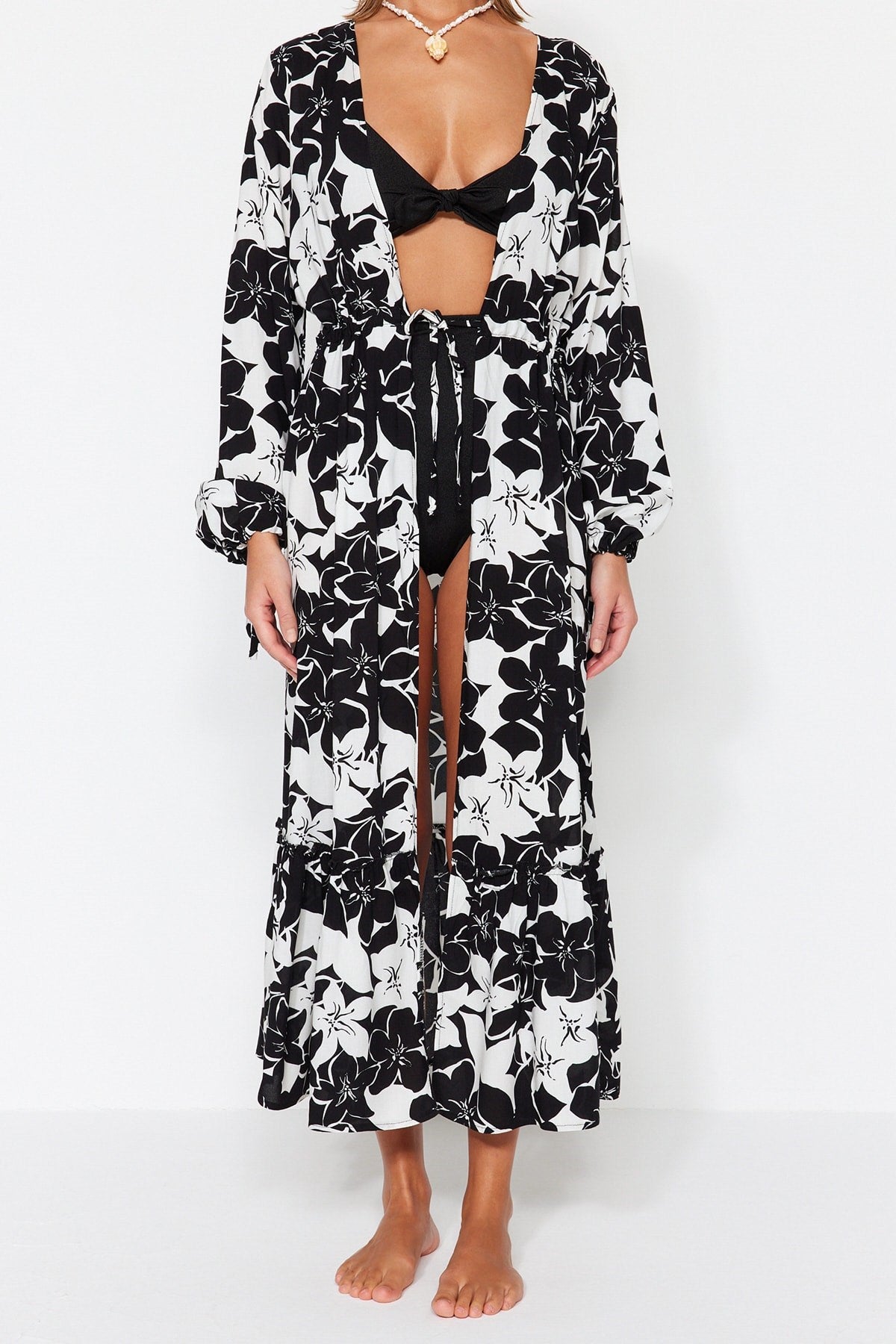 Floral Pattern Belted Maxi Woven Balloon Sleeve Kimono&kaftan Tbess23km00049