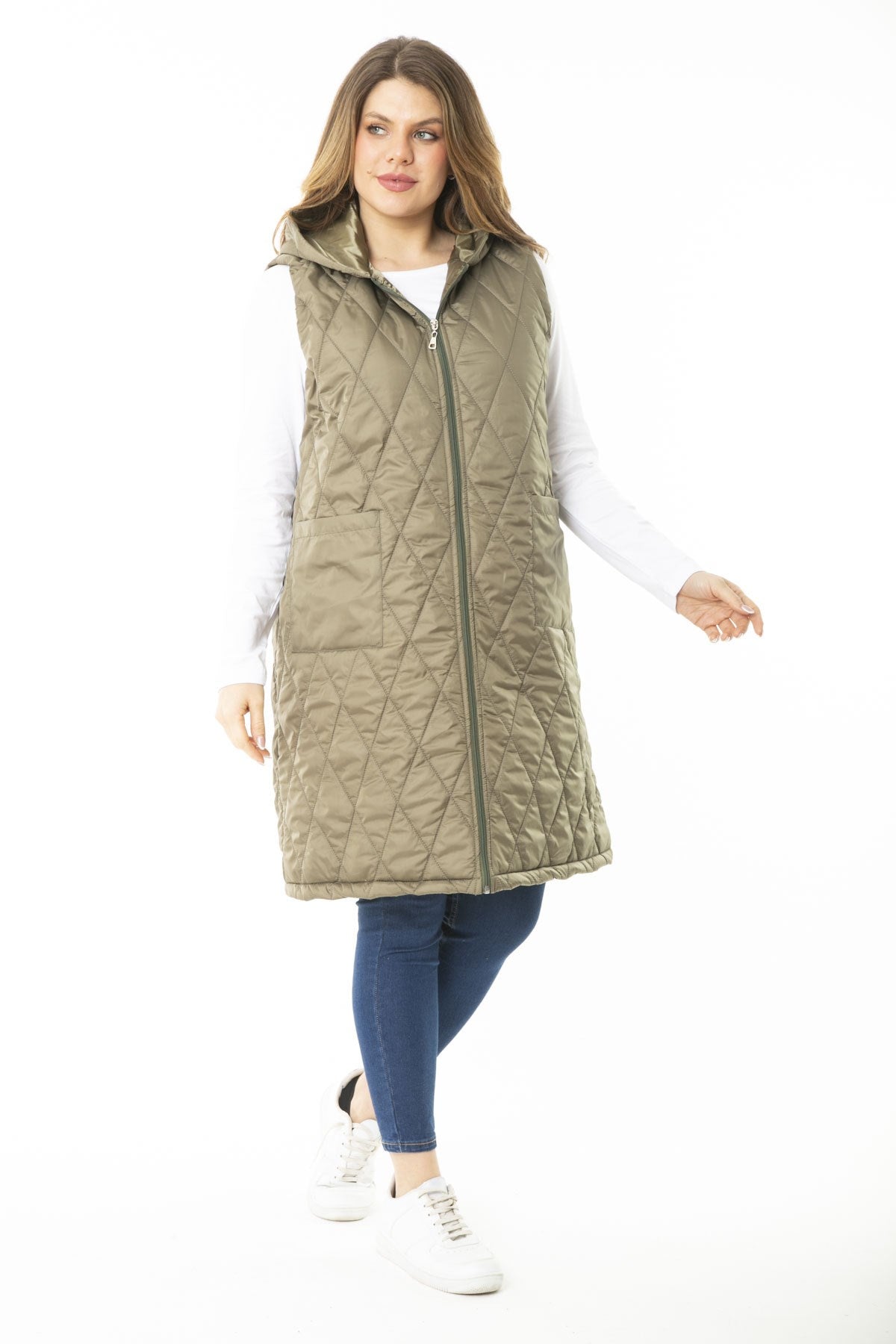 Women's Plus Size Khaki Front Dermal Hooded Quilted Lined Long Coat 65n37107