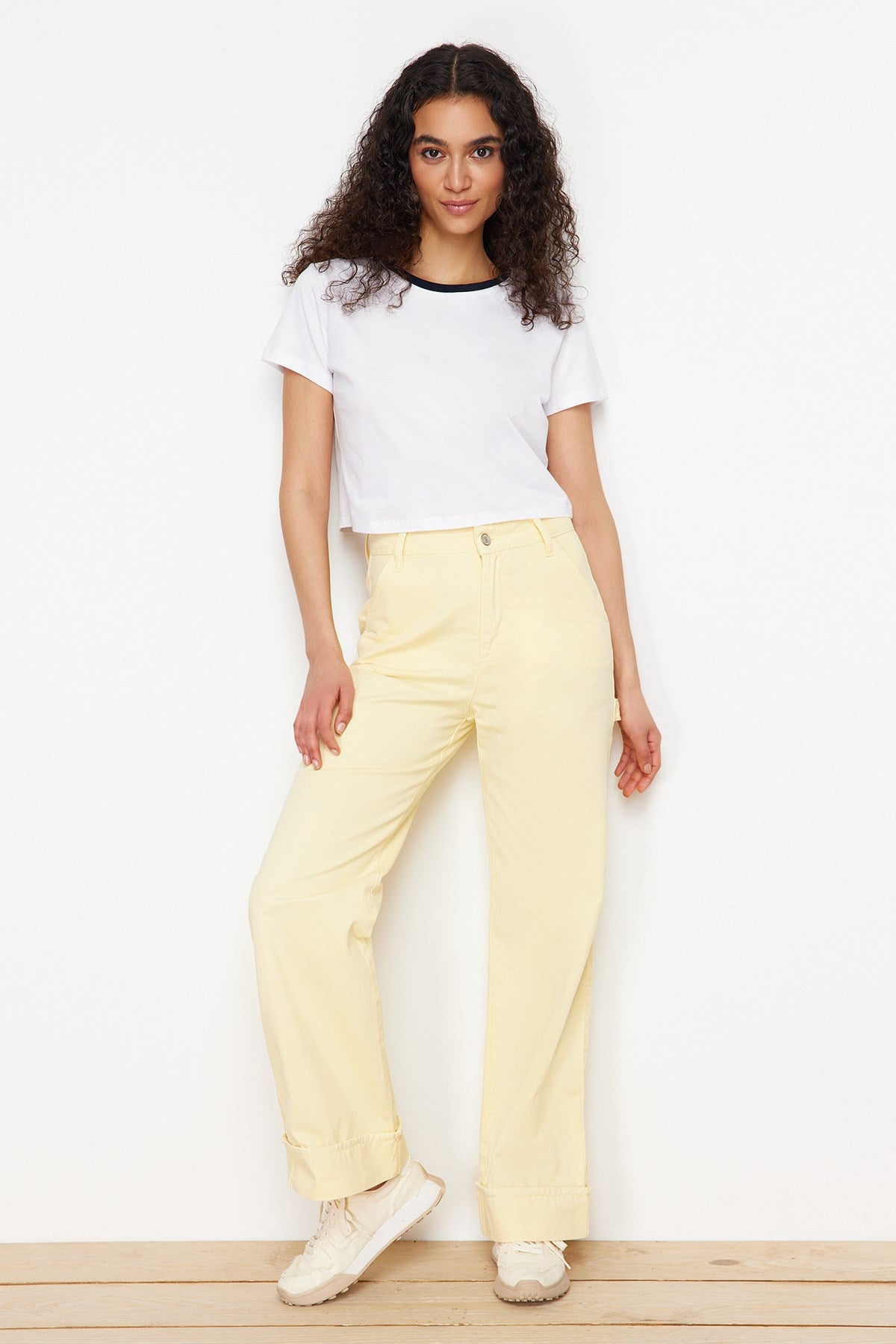 Yellow More Sustainable Carpenter Detailed High Waist Wide Leg Jeans Twoss24je00231