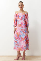 Orange Floral Carmen Collar A Cut/bell Form Chiffon Maxi Lined Woven Dress Twoss23el02422