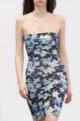 Limited Edition Blue Flower Printed Mini Strapless Collar Flexible Knitted Pencil Dress Twoss24el005