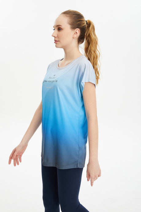 Women's Blue Quick Drying Lightweight Workout Low Sleeve Loose Back Long Printed Sports T-shirt 0686