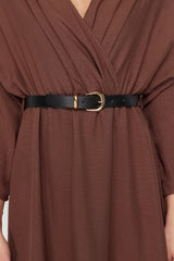 Brown Belted A-line Double Neck Aerobin Midi Woven Dress Twoss24el00992