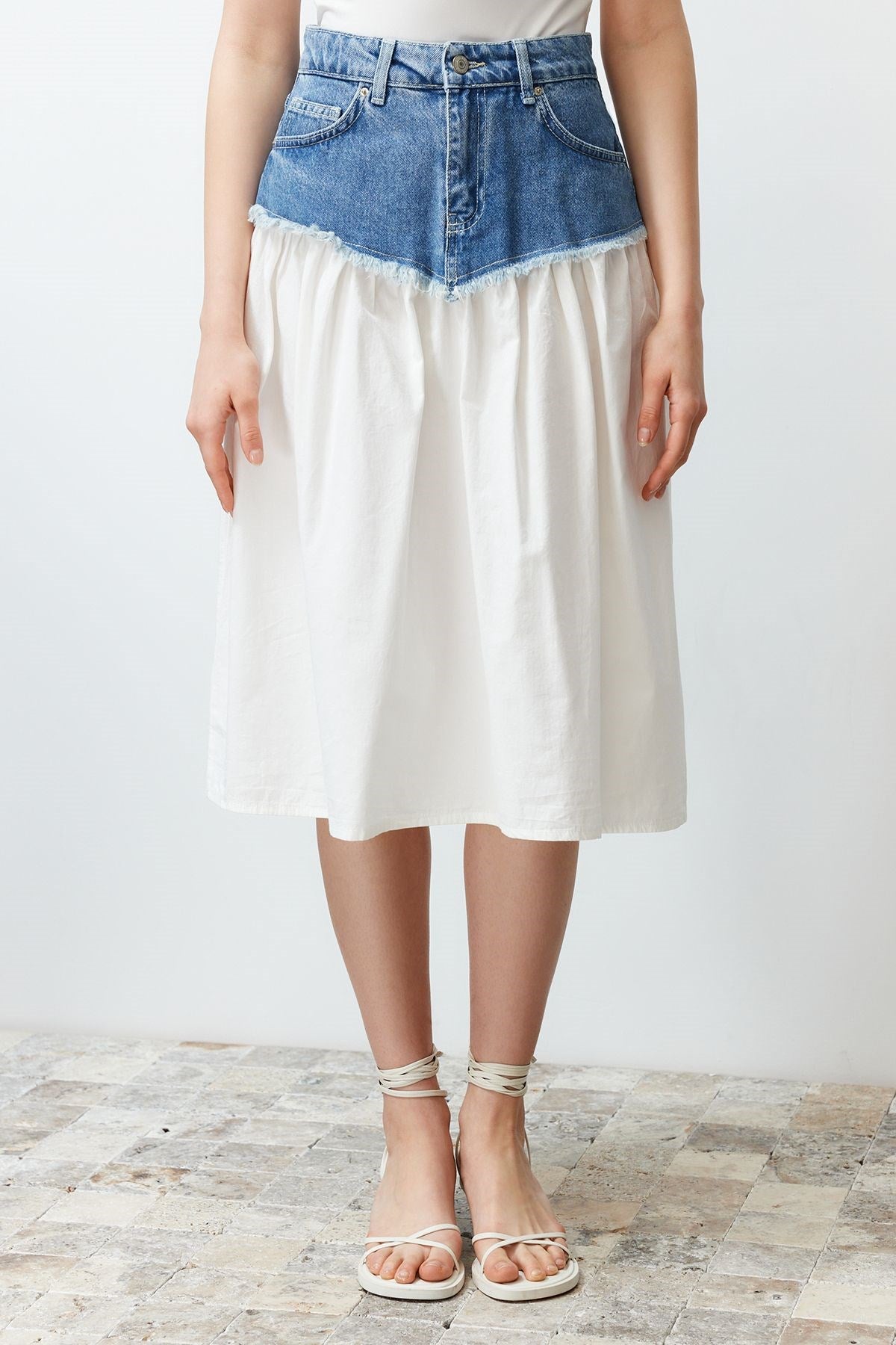 Blue Color Block High Waist Midi Denim Skirt Twoss24et00142