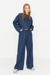 Navy Blue Wide Pattern Wide Leg Knitted Tracksuit Twoss21em0026