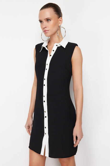 Black Straight Cut Shirt Collar Detailed Mini Woven Dress Twoss24el00844