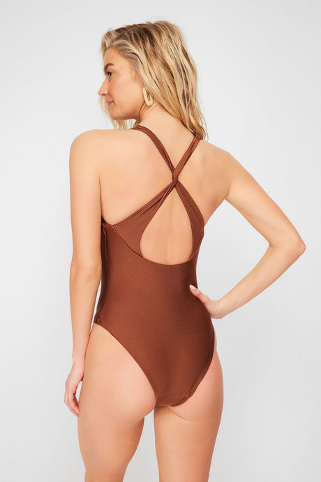 Brown V Neck Back Neckline High Leg Regular Swimsuit Tbess24ma00042