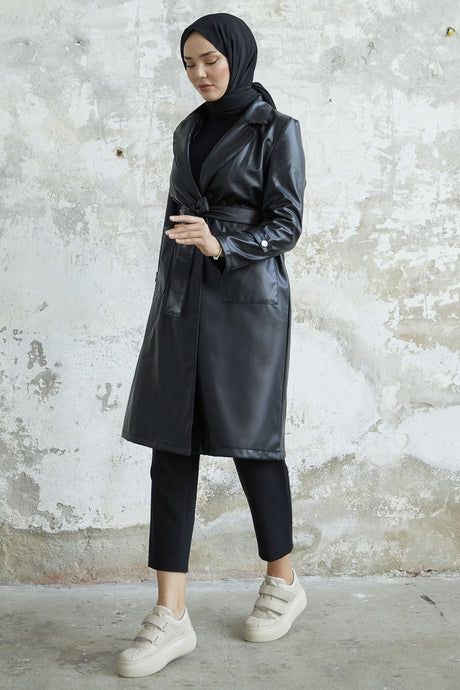 Ayora Double Breasted Collar Leather Trench - Taba Ms00or9834