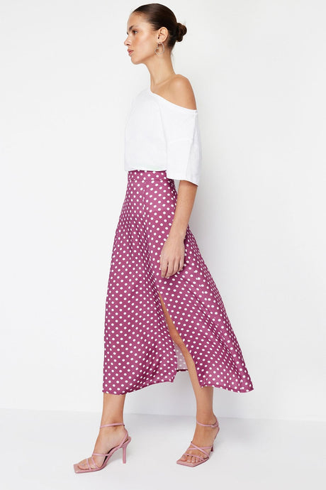 Black Polka Dot Slit Detail Viscose Fabric Midi Woven Skirt Twoaw20et0205