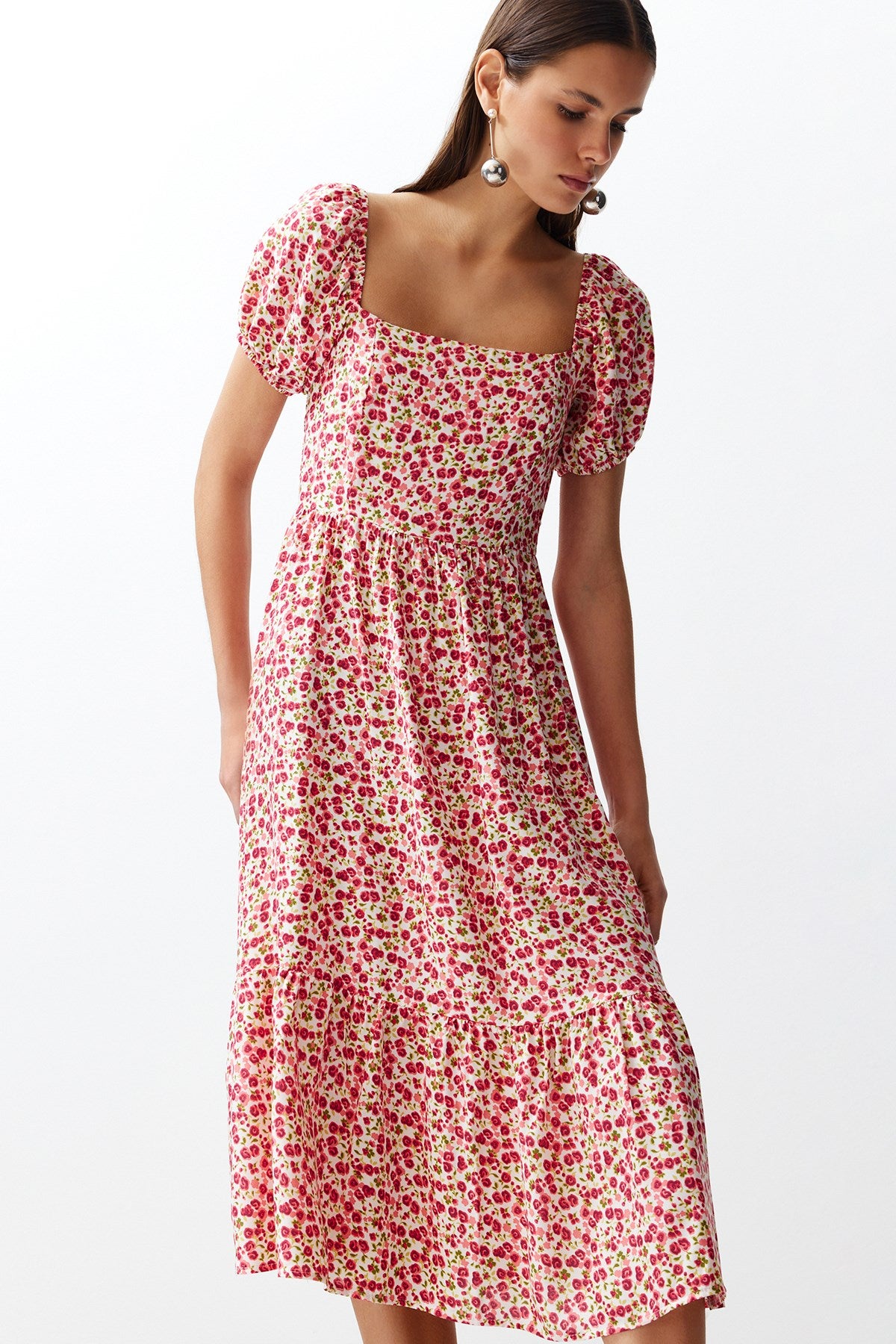 Pink Floral V-neck Viscose Gown Midi Woven Dress Twoss24el00523