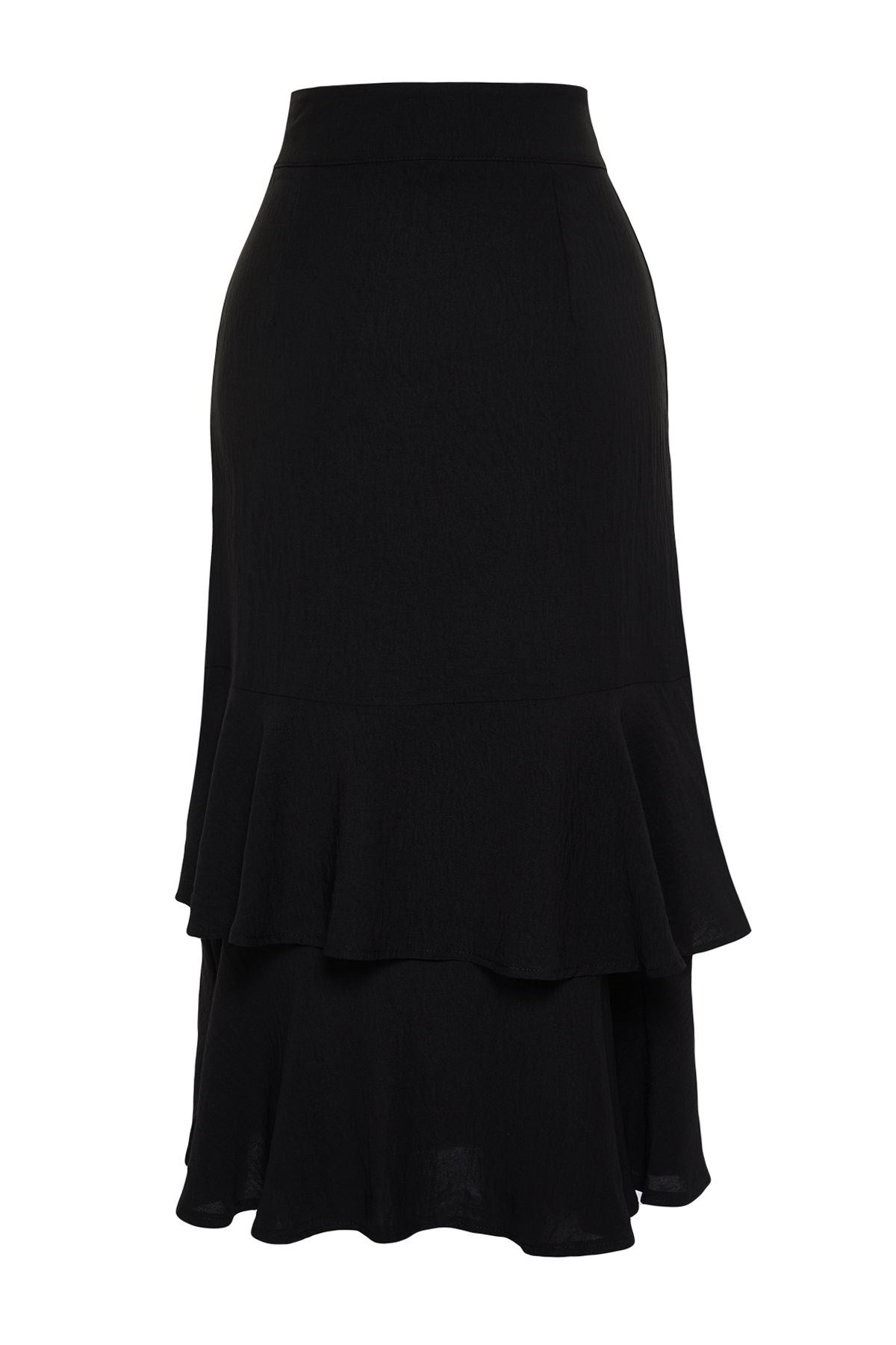 Black Flounce Midi Woven Skirt Twoss24et00132