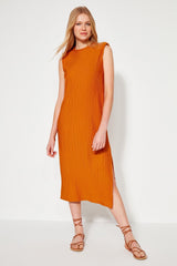 Orange Quilted Shift/plain Pleated Midi Knit Dress Twoss23el00358