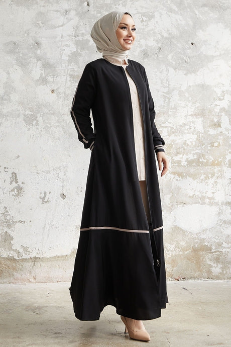 Hazel Stripe Pattern Ribbed Abaya - Black Ms00tz67211