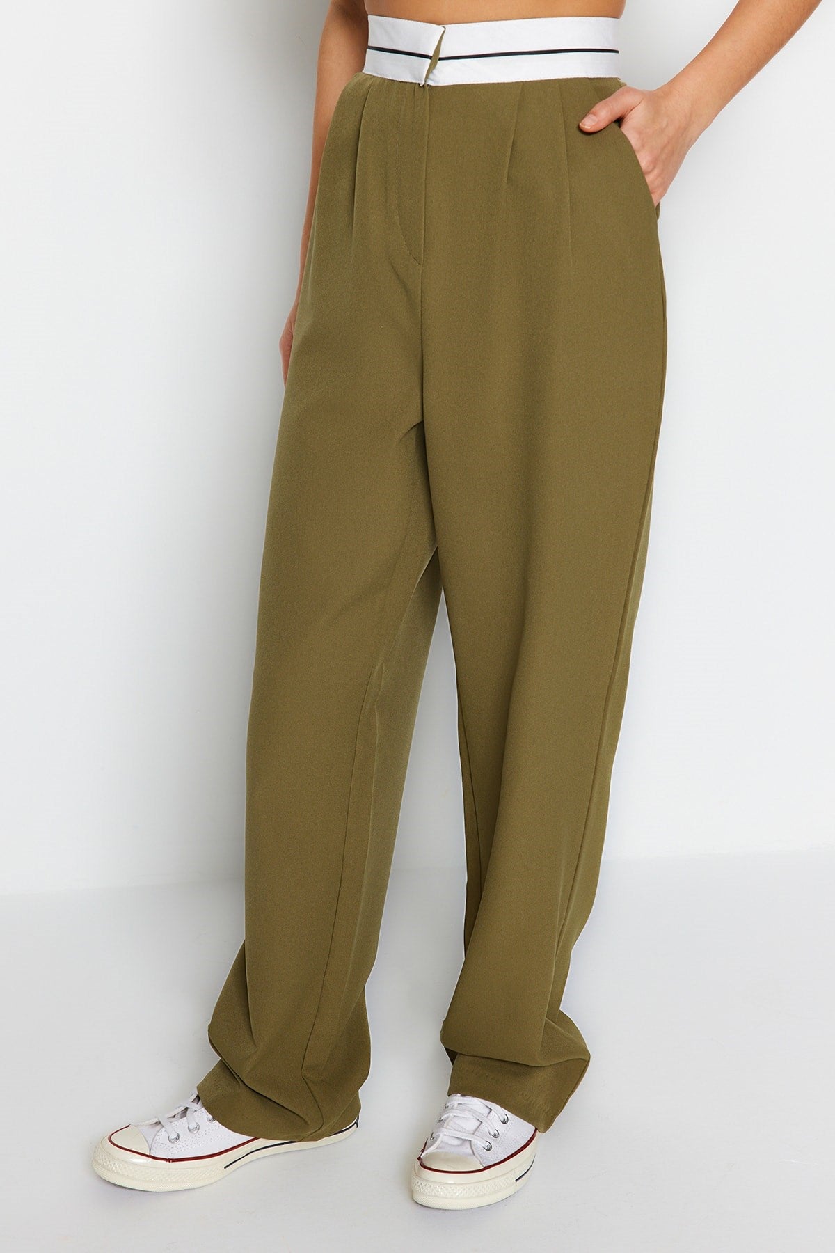 Khaki Wide Leg High Waist Belt Detailed Woven Pants Twoss23pl00150