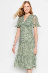 Green Animal Print A-cut Ruffle Midi Lined Chiffon Woven Dress Twoss23el00995