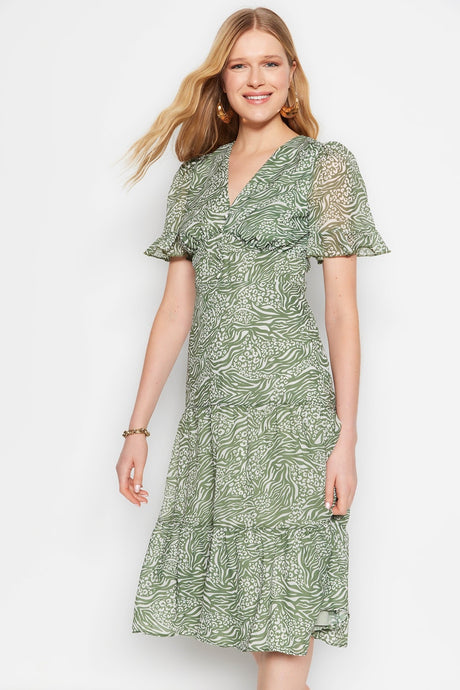 Green Animal Print A-cut Ruffle Midi Lined Chiffon Woven Dress Twoss23el00995