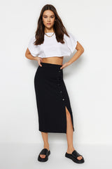 Black Smart Crepe Button Detailed High Waist Midi Pencil Flexible Knitted Skirt Twoss23et00320