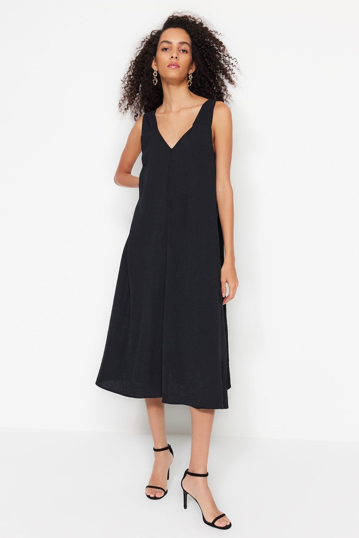 Black Casual Cut V Neck Midi Woven Dress Twoss23el00882