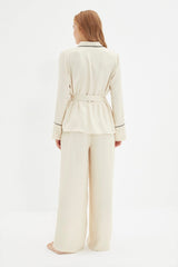 Beige Biye Detailed Viscose Woven Pajama Set Thmaw22pt1109