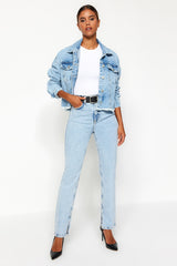 Blue Slit High Waist Straight Jeans Twoss22je0430