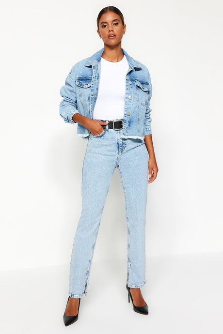 Blue Slit High Waist Straight Jeans Twoss22je0430