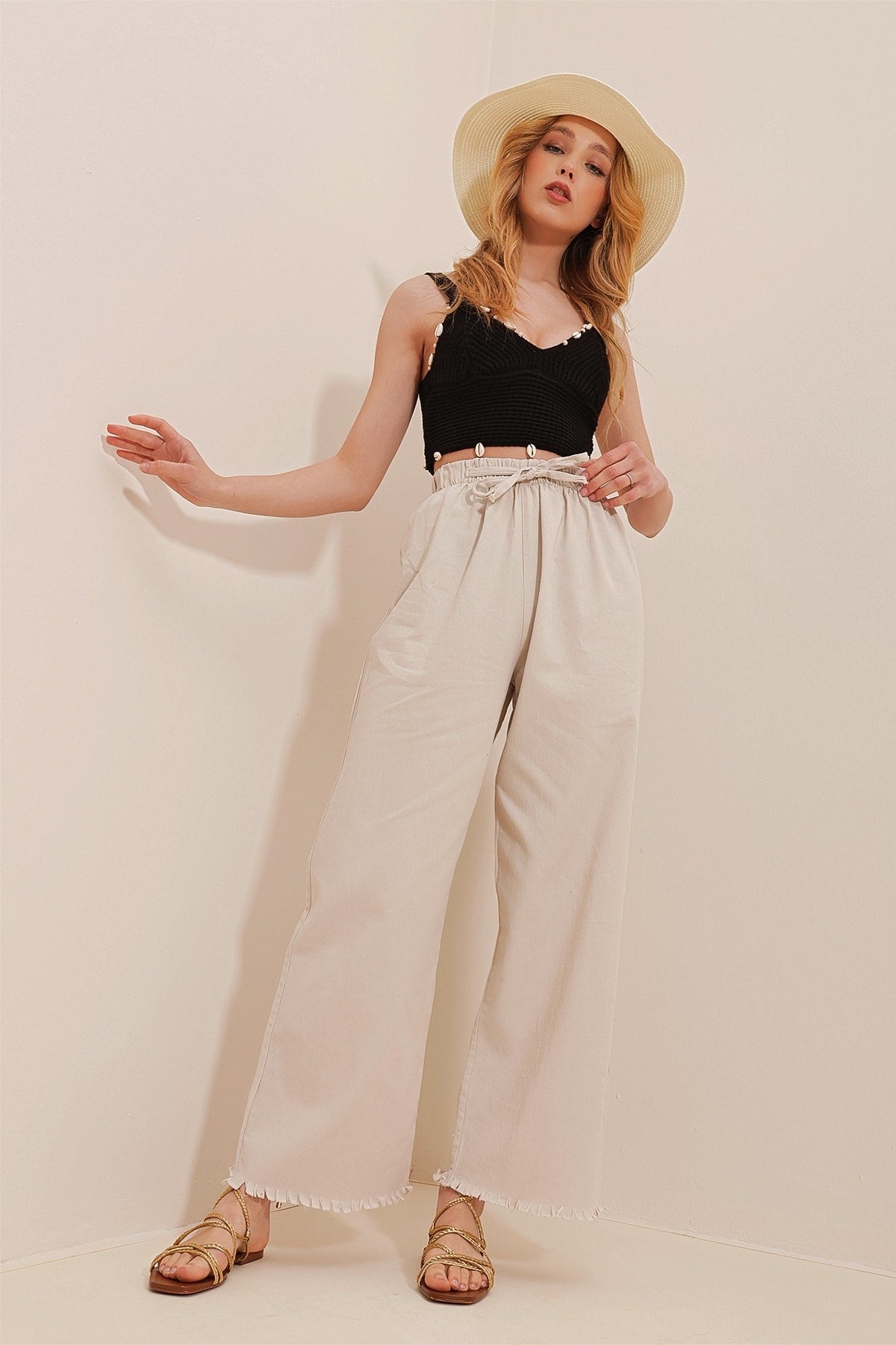 Women's Beige Leg Tassel High Waist Palazzo Jeans Pants Alc-x8930