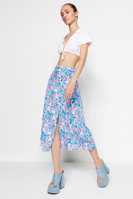 Tile Slit Detailed Floral Pattern Viscose Fabric Midi Woven Skirt Twoss20et0230