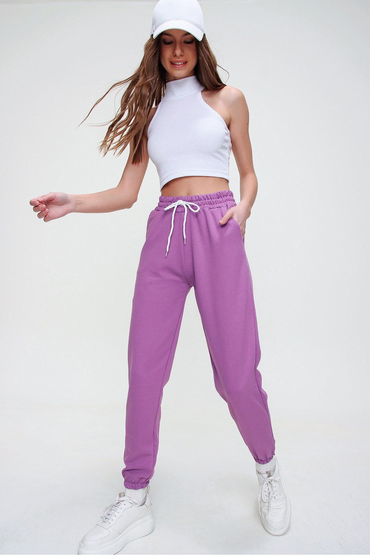 Women's Dark Lilac Printed Sweatpants With Elastic Waist And Leg Alc-x5902