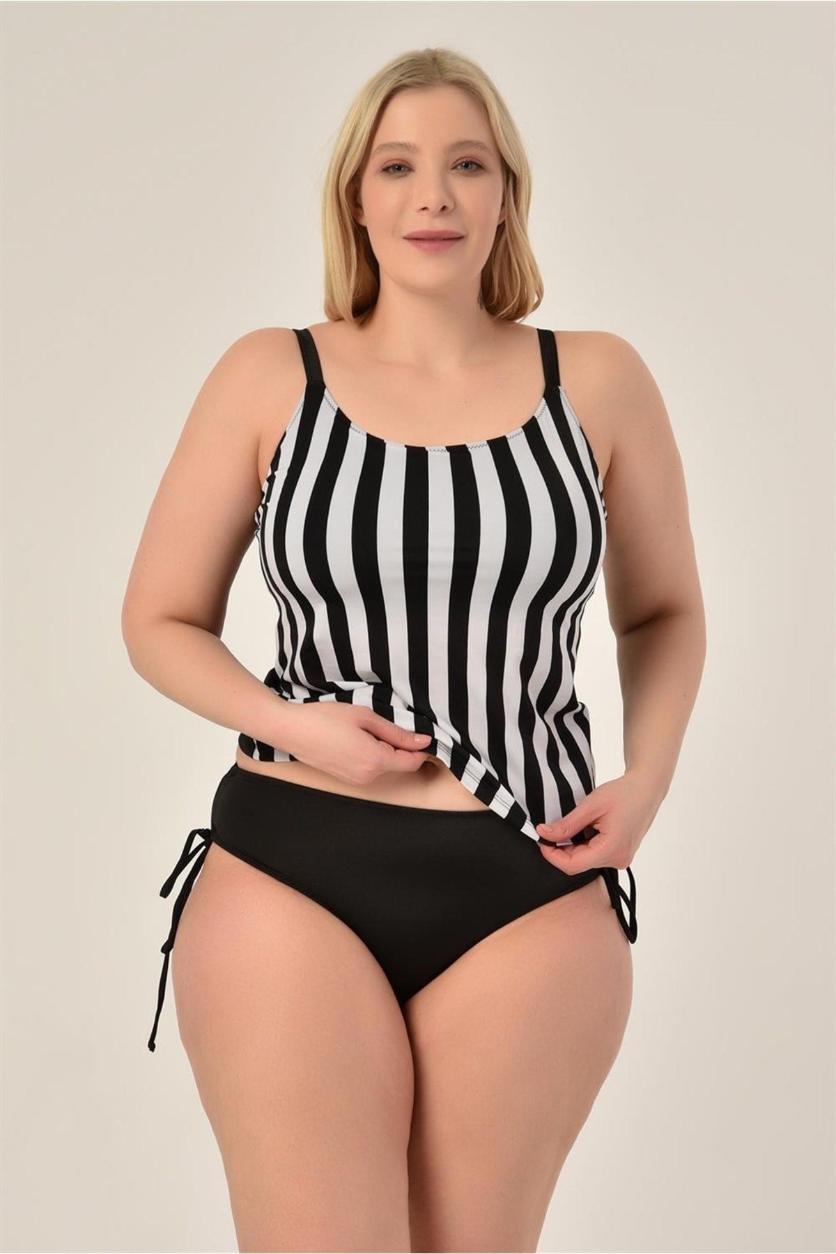 Women's Plus Size Adjustment Strap Side Sliding Black Zigzag Pattern Tankini 98980765