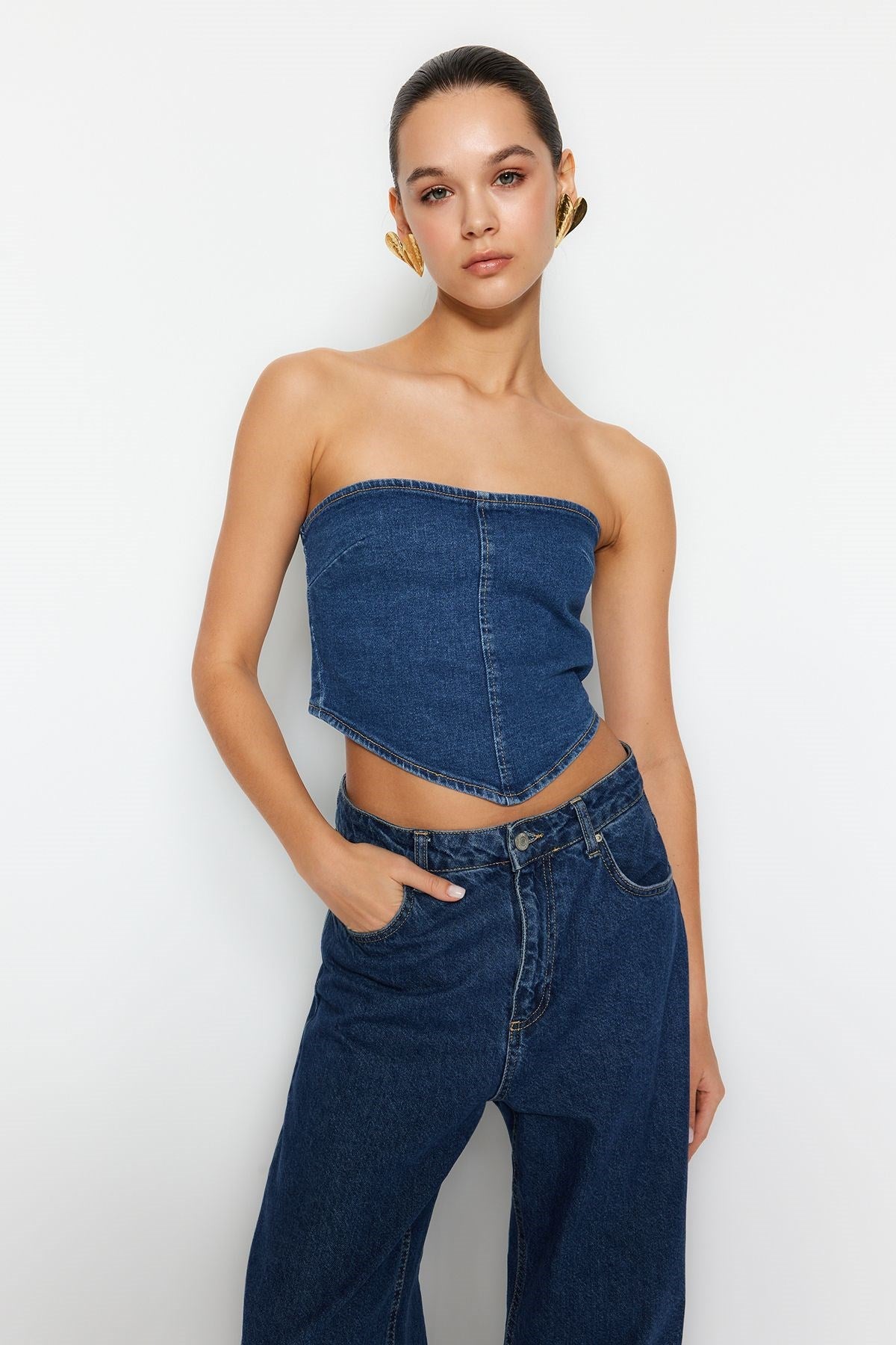 Blue Asymmetric Strapless Denim Bustier Twoss24bs00002