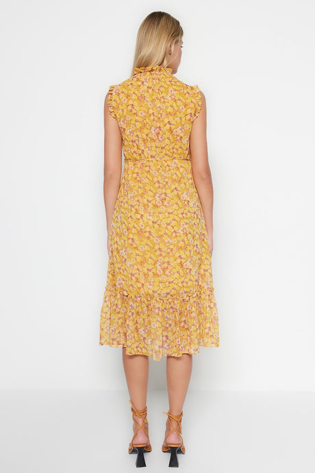 Yellow Floral Print A Cut Midi Lined Chiffon Woven Dress Twoss23el01840