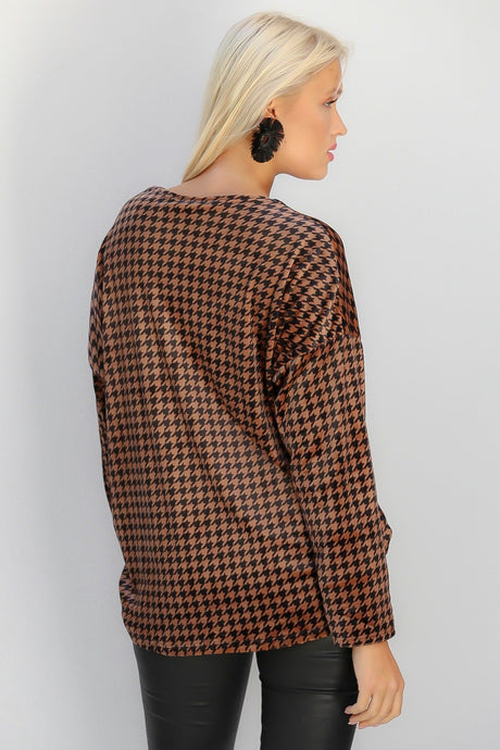 Brown Italian Crew Neck Long Sleeve Goose Leg Oversize Casual Knitted Blouse M10010200bl93535