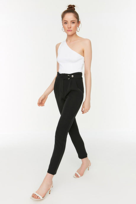 Black Belt Detailed Cigarette Tight Leg Woven Pleated Pants Twoss20pl0131